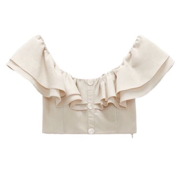 Zara NWT Cropped Ruffle Linen Blend Top Medium Beige Bloggers Fav - Picture 2 of 10